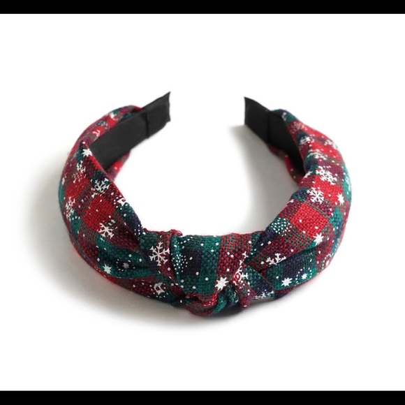 New Christmas Holiday fabric top knot Red black Buffalo plaid flexible headband - Picture 9 of 12